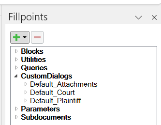 Dialogs section of the fill point side panel