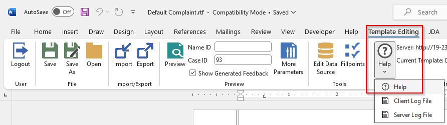 Help button on template editing ribbon