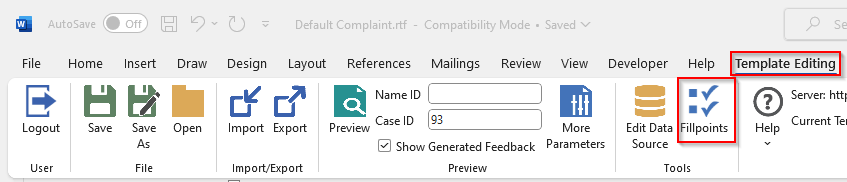 Fill points button on the template editing ribbon