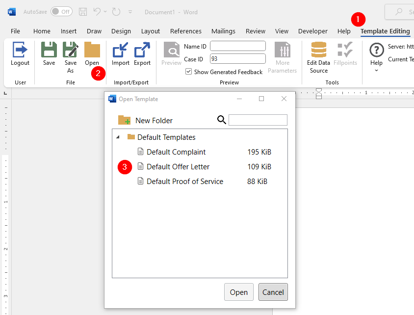 Open a template using Microsoft Word add-in