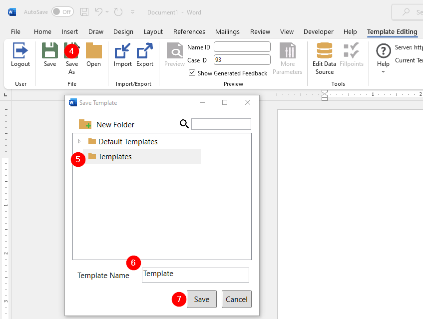 Save a template using Microsoft Word add-in