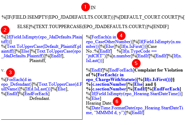 Court filing section of the default complaint template