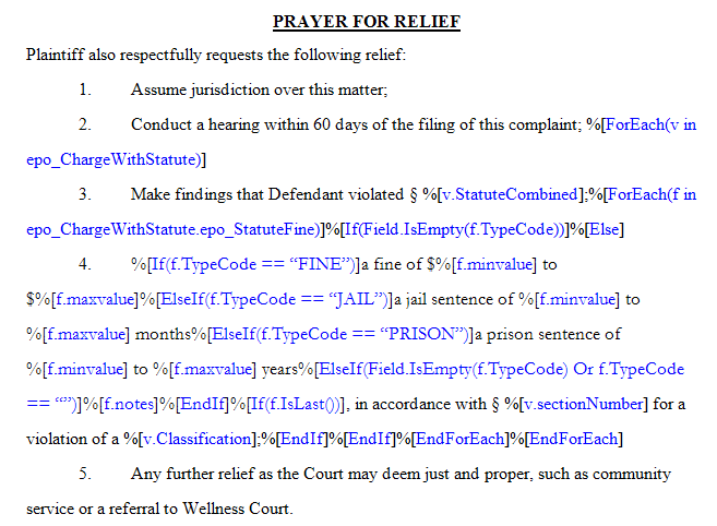 Prayer for relief section of default complaint template