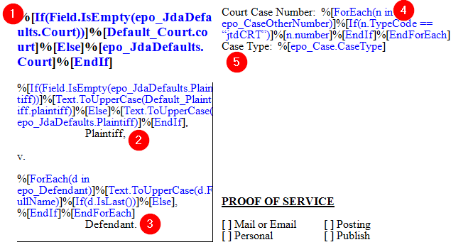 Court filing section of the default proof of service template