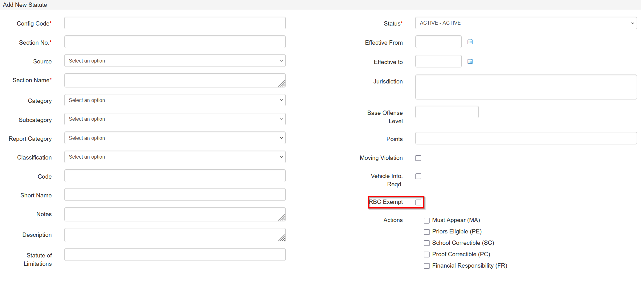 The RBC Exempt checkbox on the Add Statute screen