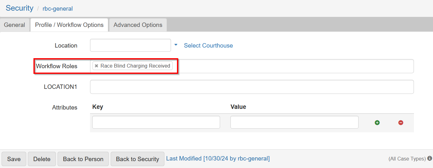 Workflow Roles field configured for the Race Blind Charging Received queue