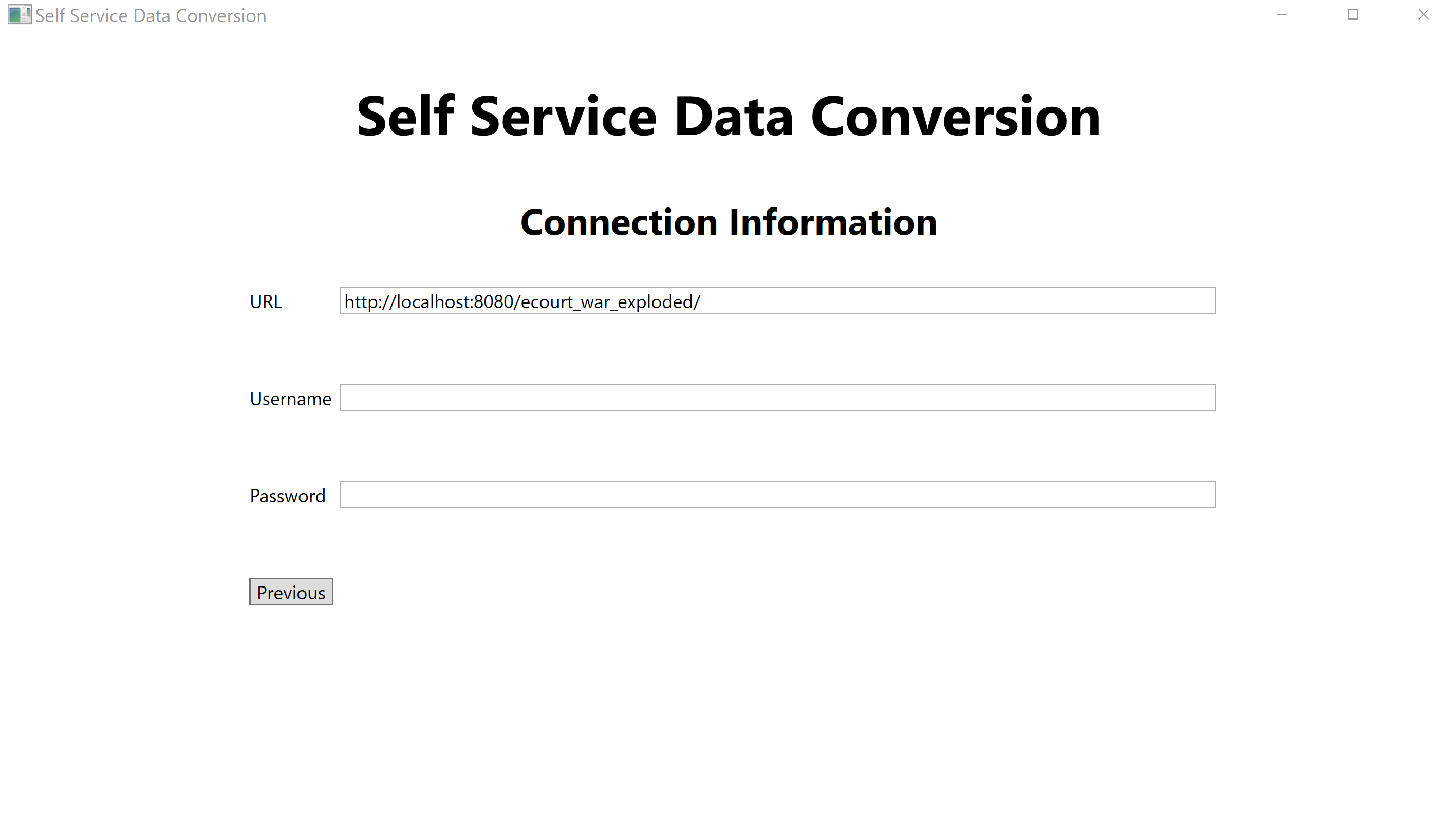 Screen showing the connection information fields for the eProsecutor Online instance you are converting to