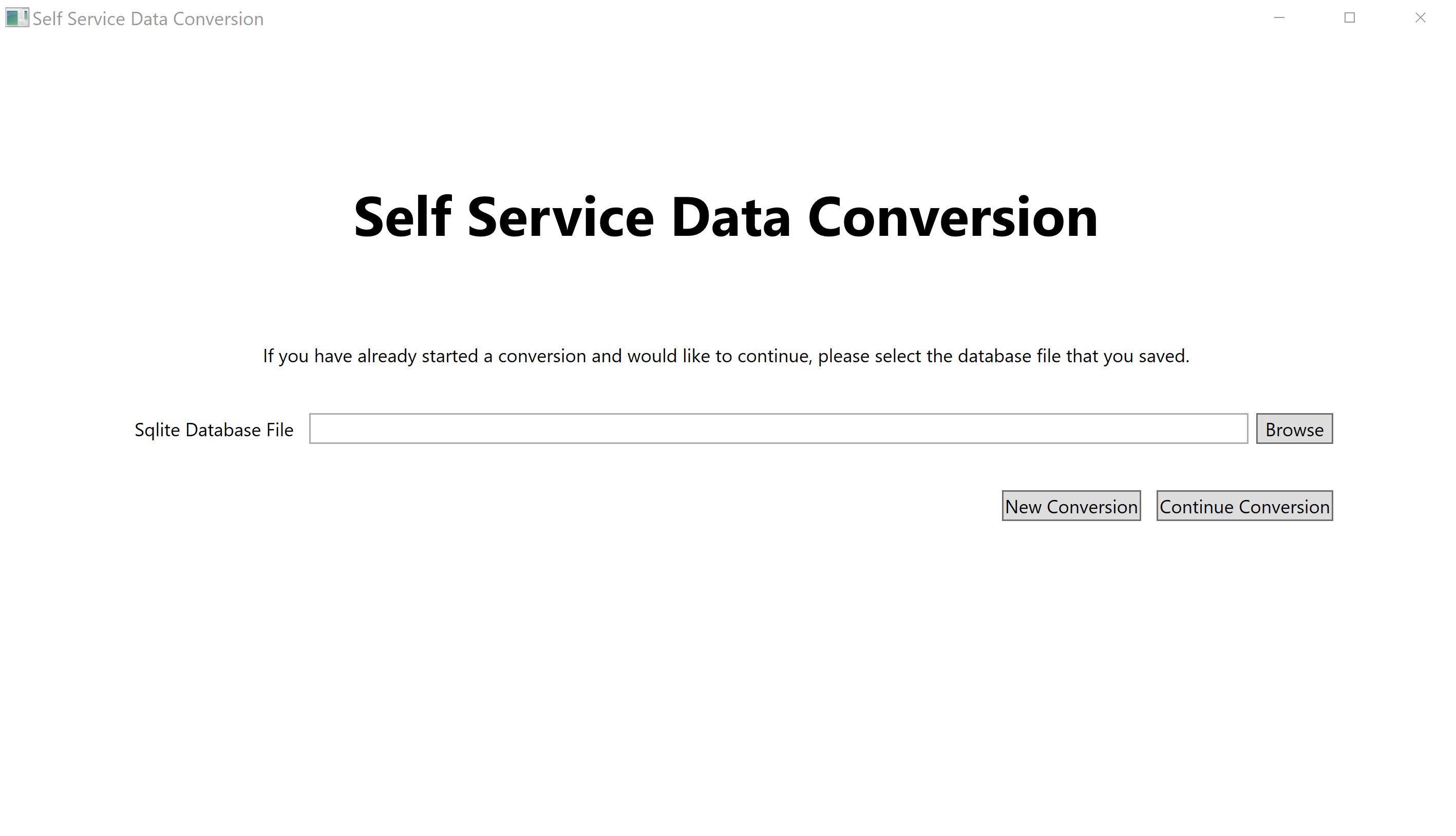 Screen showing file selection for picking a database file to resume from and buttons to start a new conversion or continue a conversion.