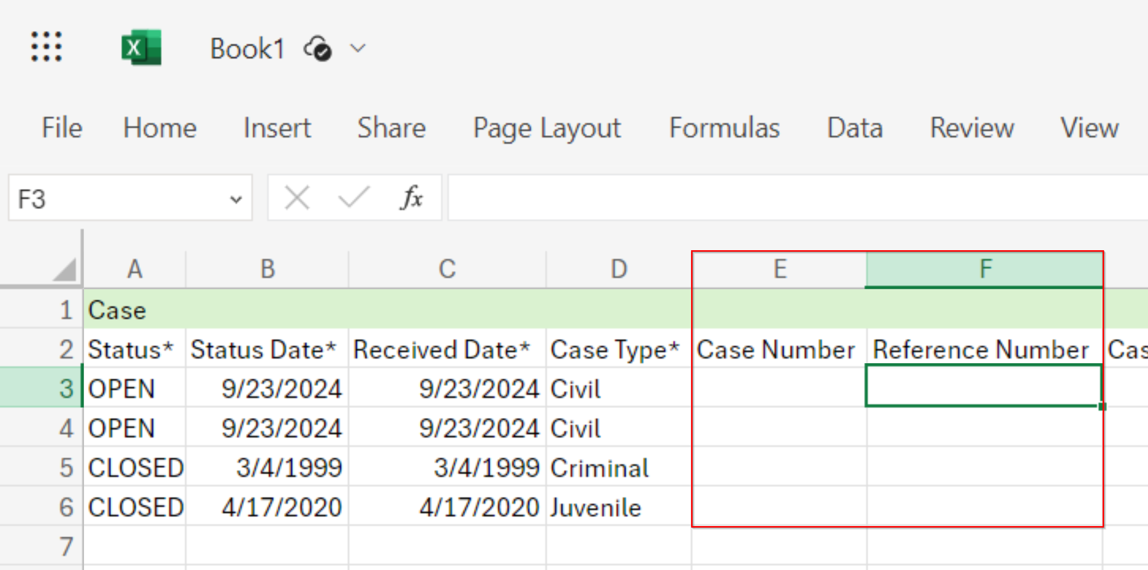 Excel spreadsheet with empty columns