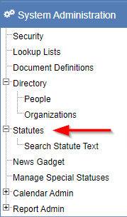 System Administration menu with an arrow pointing to the Statutes link