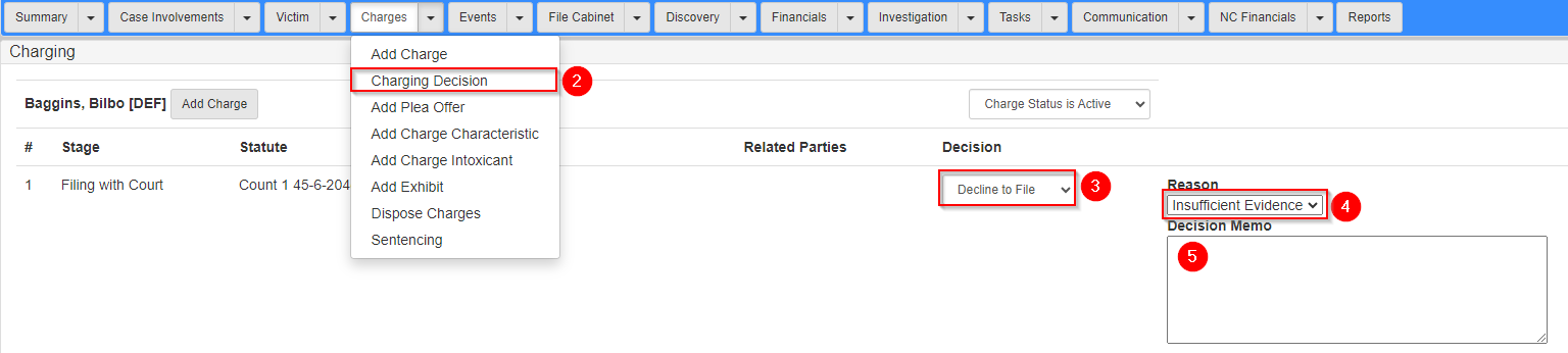 Charging Decision screen with Decline to File selected as a charging decision