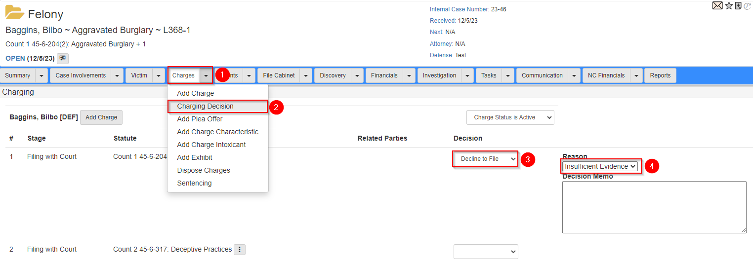 Charging Decision screen with Decline to File selected as a charging decision