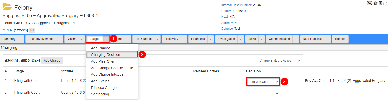 Charging Decision screen with File with Court selected as a charging decision