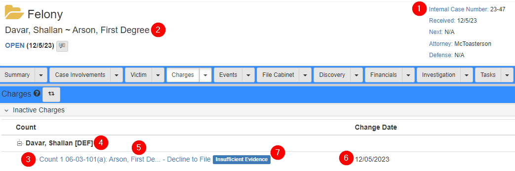 Declined charges in the Charges tab in the Case Folder View