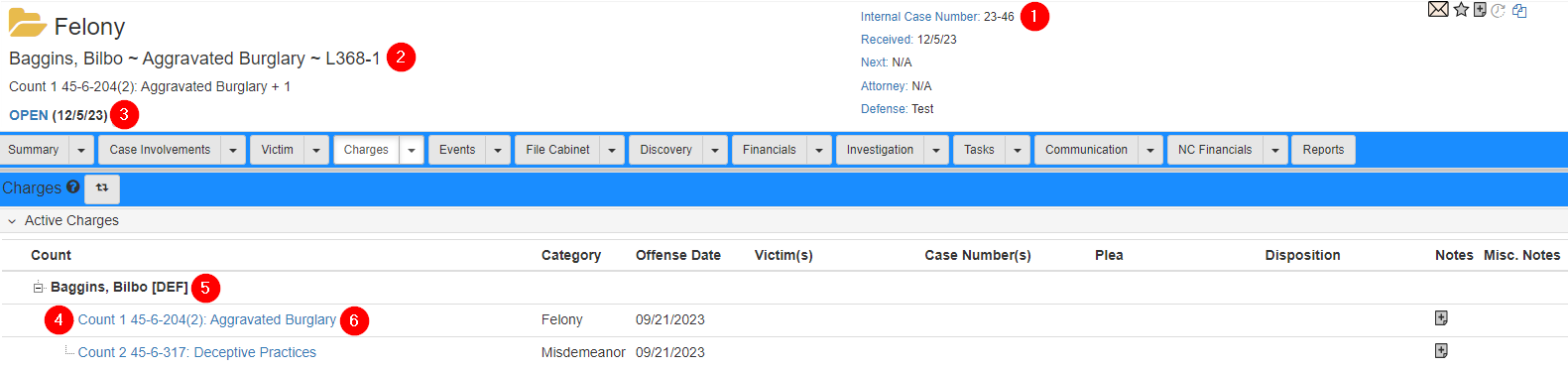 Charges tab of the Case Folder View