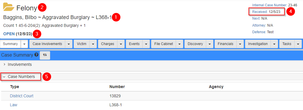 Case folder view with Case Numbers section visible in the Summary tab