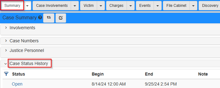 Case folder view with Case Status History section visible in the Summary tab