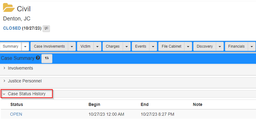 Case folder view with Case Status History section visible in the Summary tab