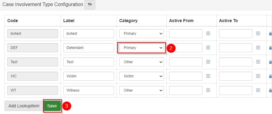 Case Involvement Type Configuration screen with the category dropdown emphasized