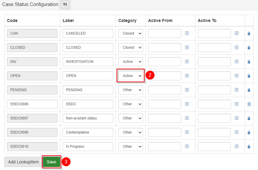 Case Status Configuration screen with the Open status emphasized