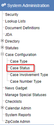 Left navigation showing the Case Status option under the Case Configuration