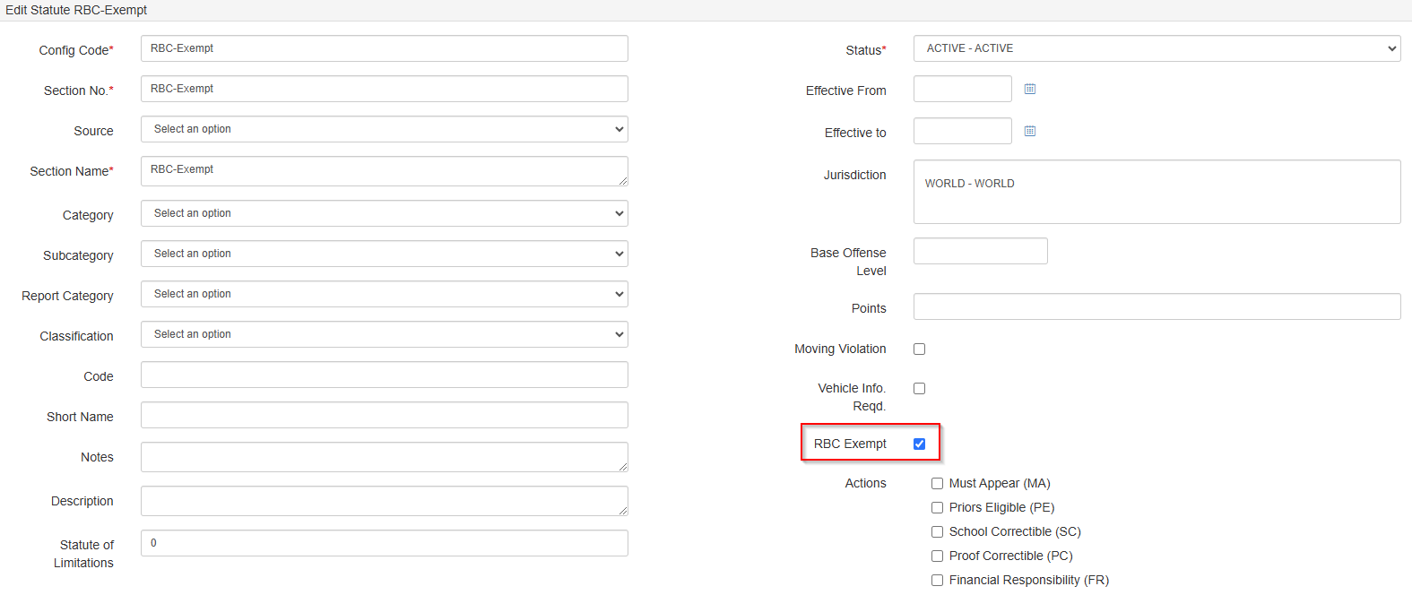 Statute screen showing the RBC Exempt checkbox