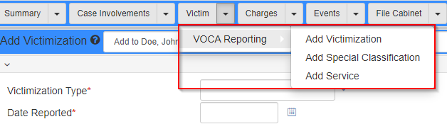 The VOCA Reporting option in the Victim dropdown in the Case Folder View