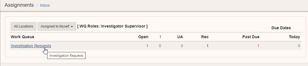 The Assignments screen with the Investigation Requests link