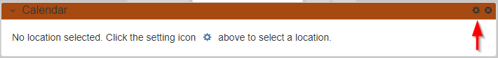 An unconfigured Calendar gadget with an arrow pointing to the gear icon in the top right corner
