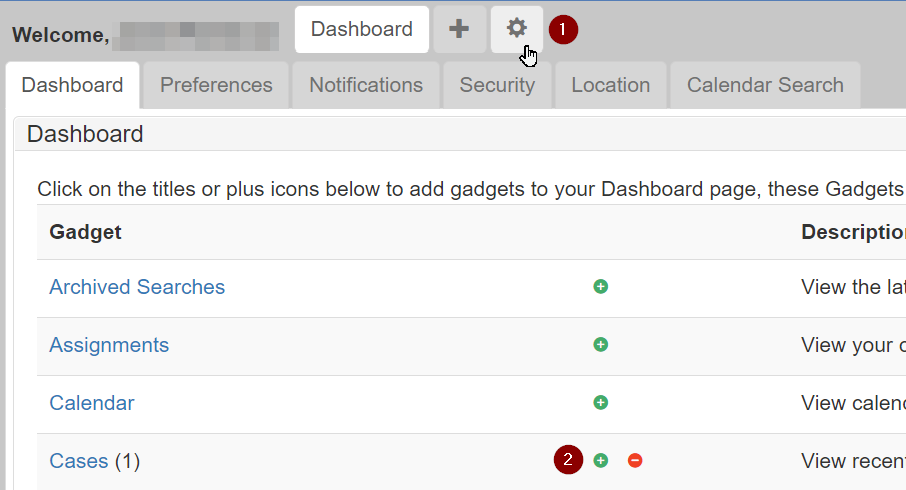 Cases gadget dashboard