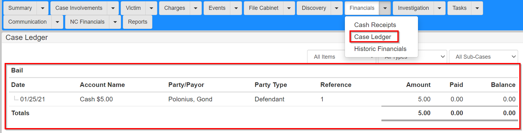 Bail on Case Ledger