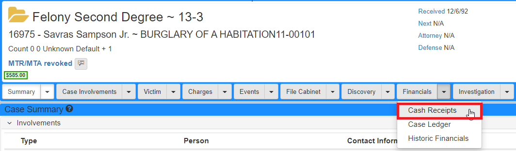 Cash Receipts Case Navigation