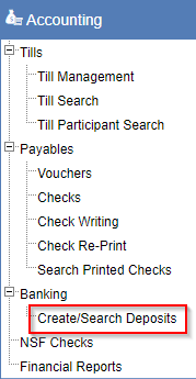 Left navigation bar with a red box around the Create/Search Deposits link