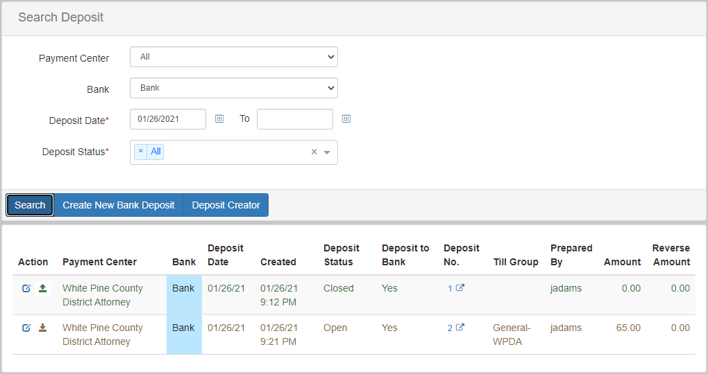 The search deposit screen with two deposits showing in the search results