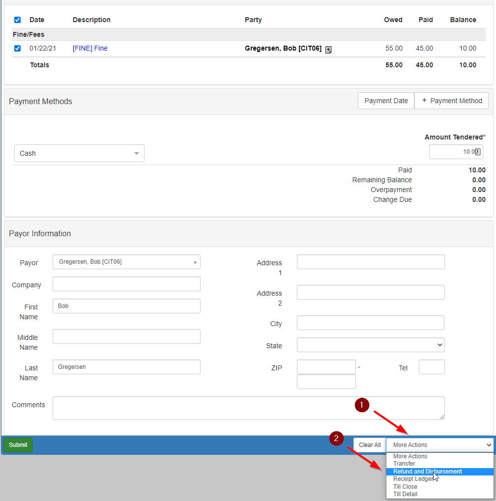 Cash receipts page with arrows pointing to the More Actions dropdown and the Refund and Disbursement option in the dropdown