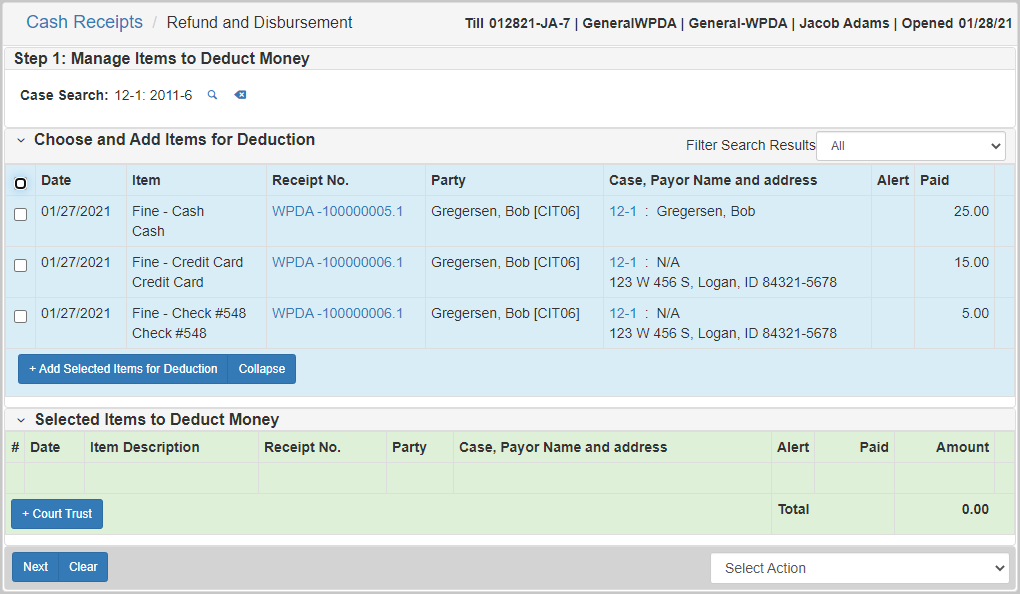 Refund screen showing payments made on the selected case