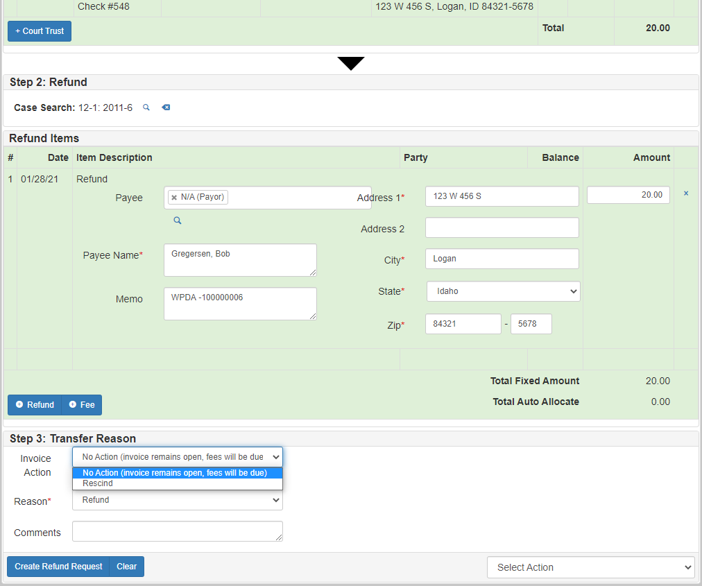 Refund screen highlighting the Transfer Reason section and showing two options in the Invoice Action field