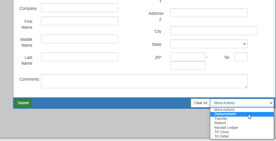 The Cash Receipts page with the More Options menu expanded and the Disbursement option selected