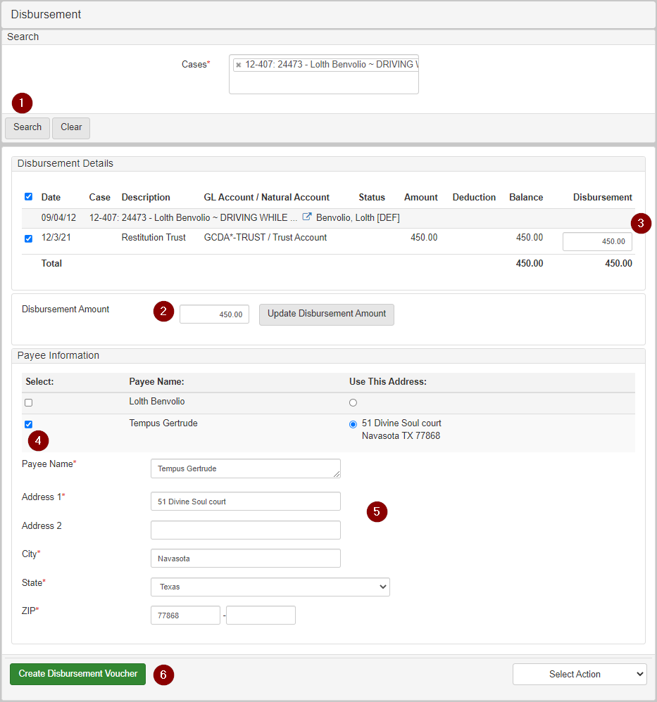 The Disbursement page with numbers indicating steps taken to complete a disbursement