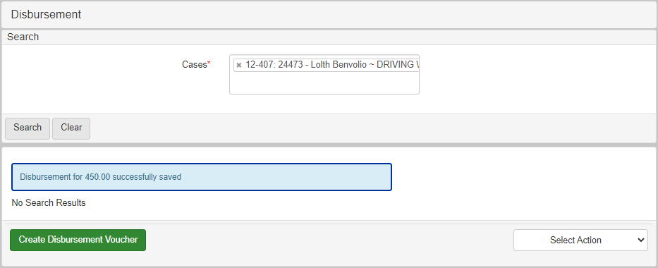 The Disbursement page with a message stating, 'Disbursement for 450.00 successfully saved'