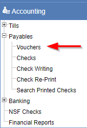 Accounting section in the left navigation with an arrow pointing to the Vouchers link under the Payables subsection