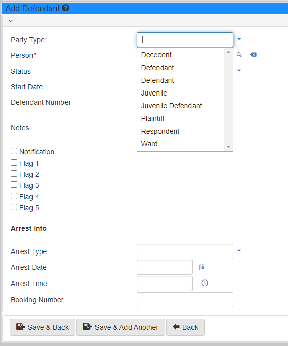 Add Defendant form