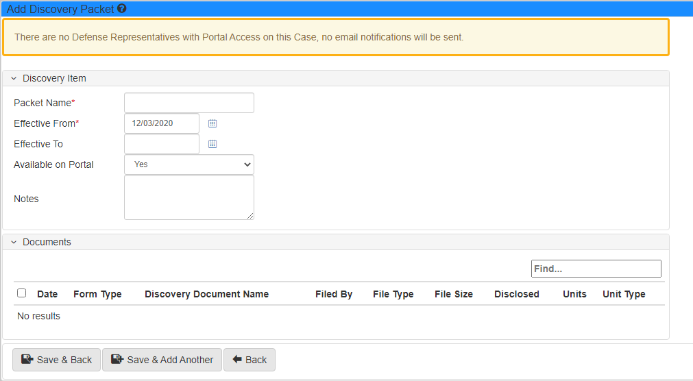 Add Discovery Packet form