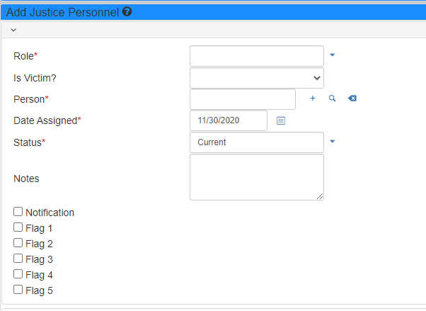 Add Justice Personnel form