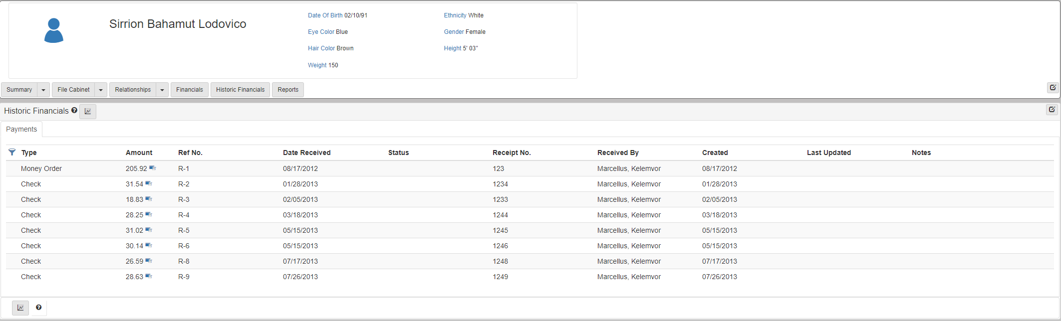 Historic Financials Screen