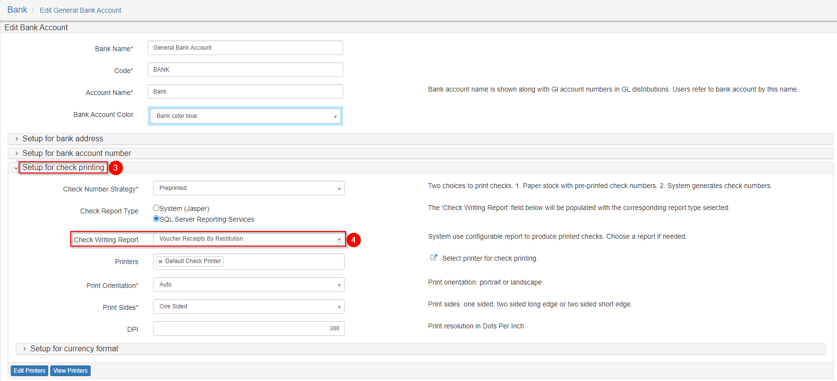 Setup for check printing