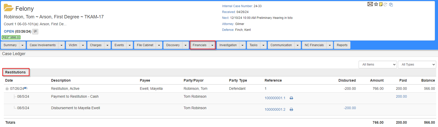 Restitutions section of the Financials tab in a Case Folder View