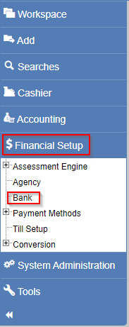 Left navigation with the Bank option highlighted