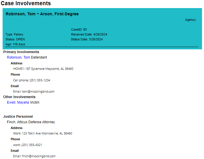 Case Involvements sample report