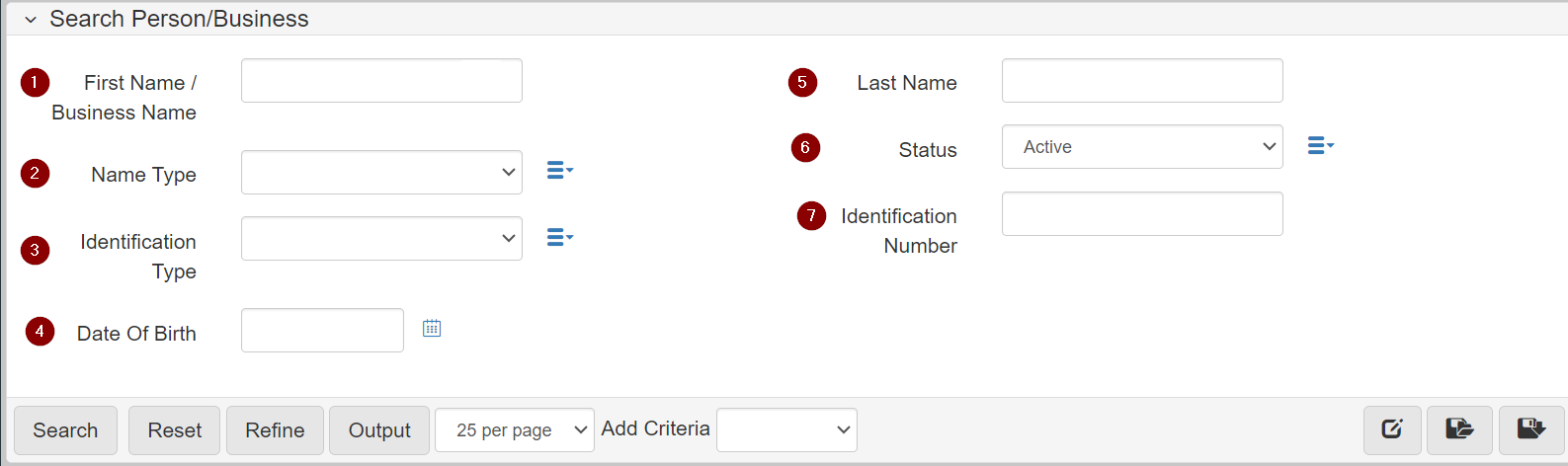 Search Person/Business form